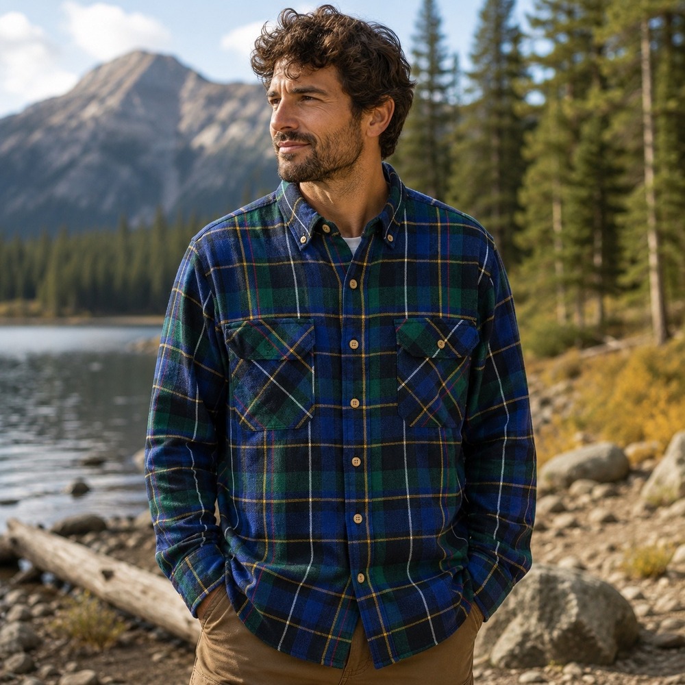 Northwest Blue Mens Plaid Flannel Shirt Blue Green Long Sleeve Button‎ Down L